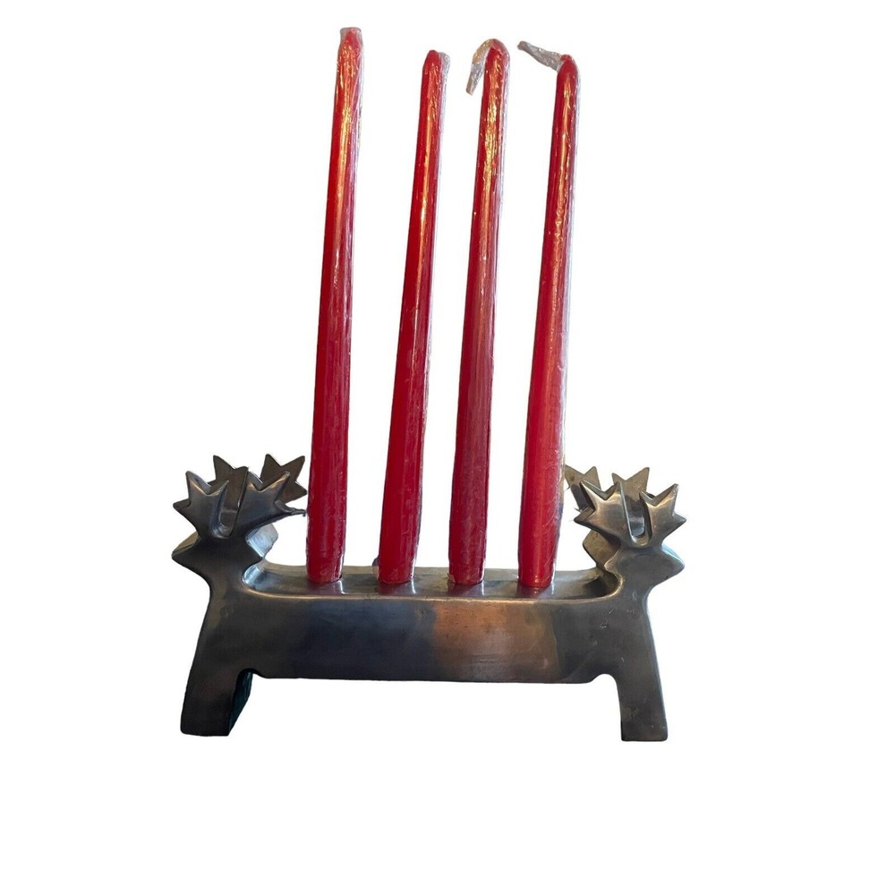 HOLIDAY COLLECTION 4 CRIMSON TAPER CANDLES WITH SHINY METALLIC REINDEER HOLDER